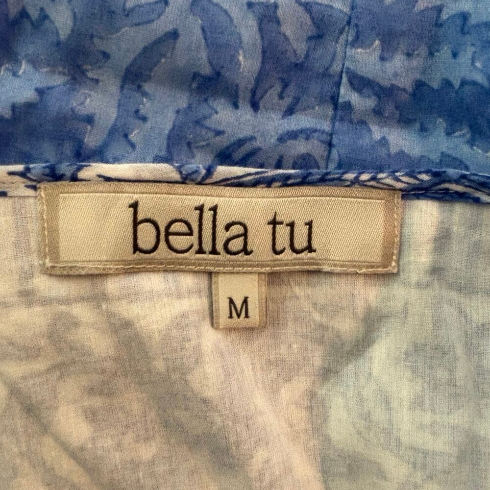 Bella Tu Size M Dress Blue White Print Boho Silver Embroidered Floral Peasant - Picture 4 of 6